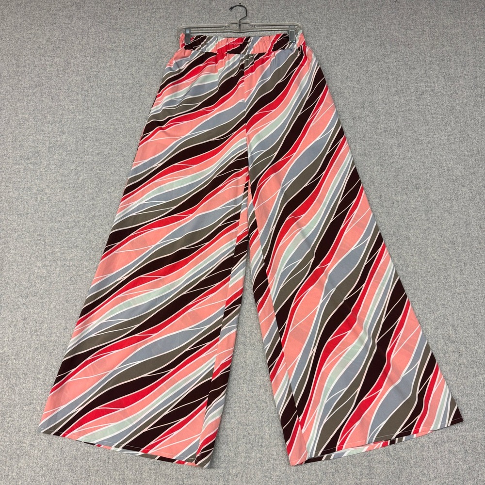 Entro Abstract Wavy Stripe Wide Leg Pants Small Multi Red Pink Elastic Waist